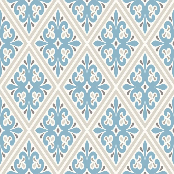 ヴィンテージの壁紙からインスピレーションを得たモダンな幾何学模様 素敵なレトロな色 グレーベージュ 落ち着いた青 シームレスなベクトルパターン ファブリックデザイン 包装紙 ウェブ背景などに最適です — ストックベクタ
