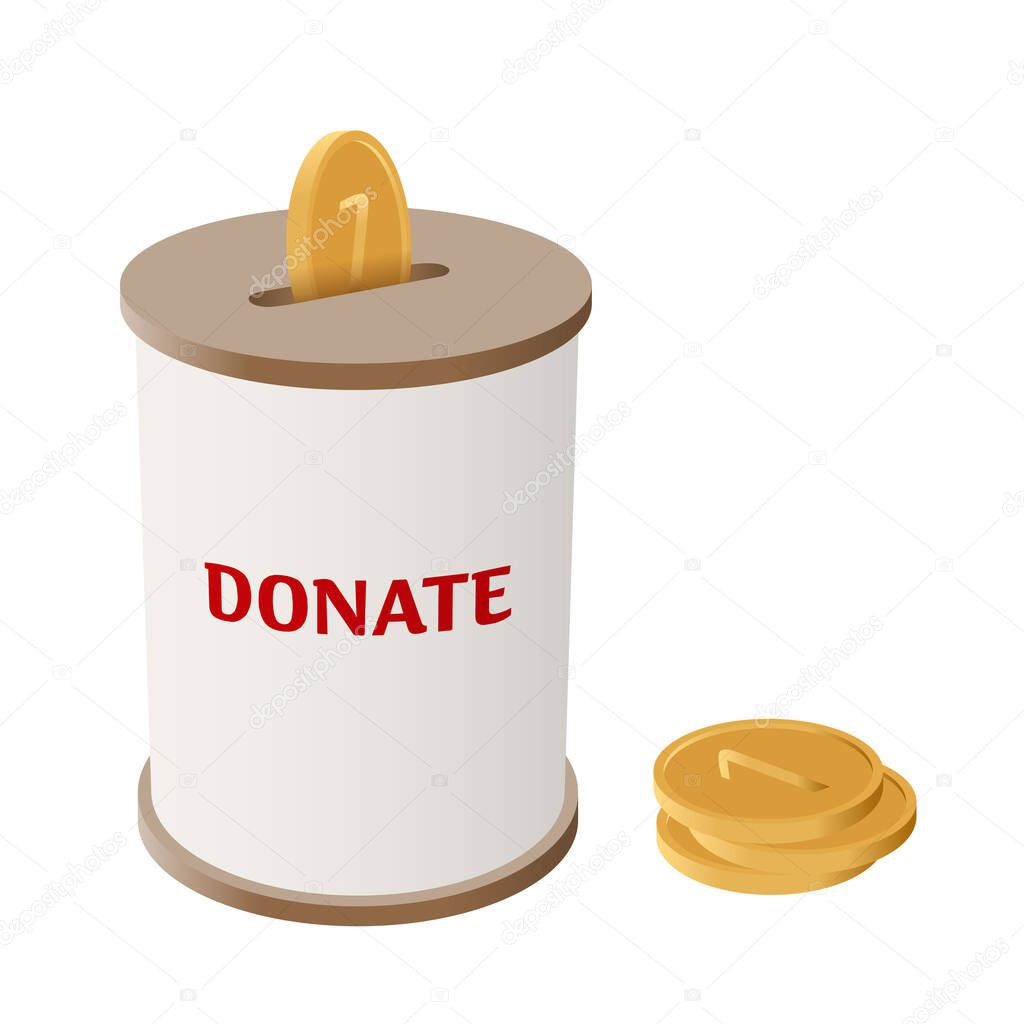 Round donation money box vector illustration. Side view cylinder money box for charity with coin slot and falling golden coins. Simple barrel box with brown top and bottom and text Donate