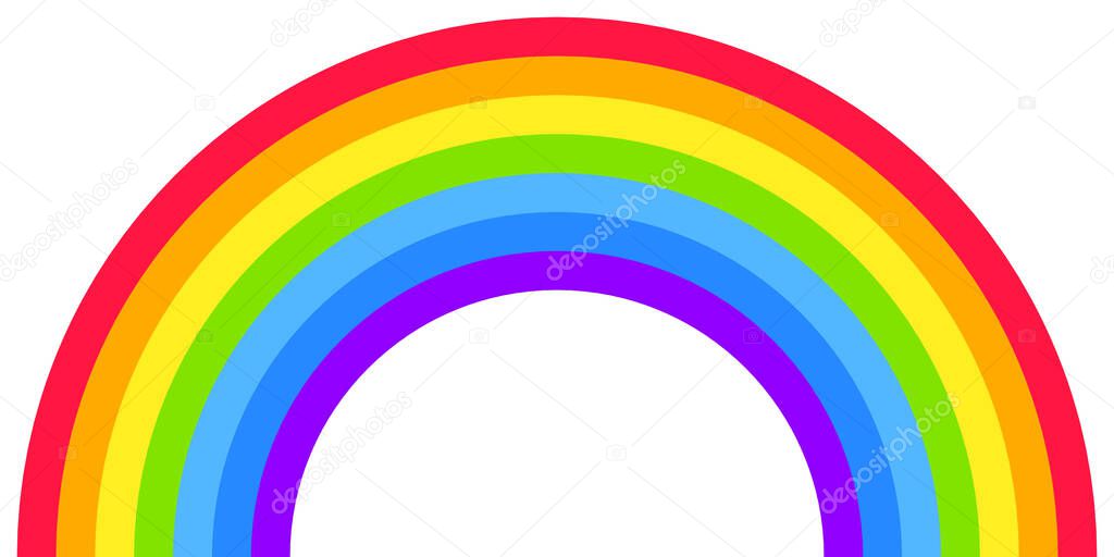 Rainbow arc shape, half circle, bright spectrum colors, colorful striped pattern. Vector illustration. Rainbow icon.