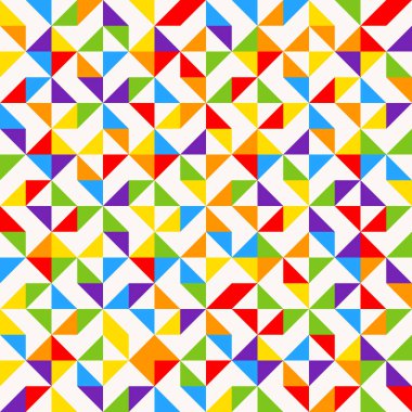 Gökkuşağı mozaik fayanslar, soyut geometrik arka plan, kusursuz vektör deseni. Üçgenli renkli geometrik arkaplan. Minimum arkaplan, gökkuşağı renkli. Vektör illüstrasyonu.