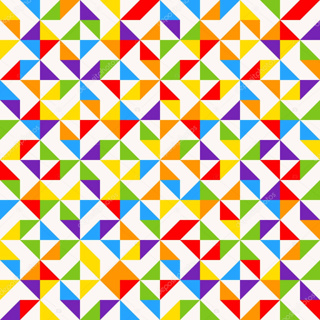 Rainbow mosaic tiles, abstract geometric background, seamless vector pattern. Colorful geometric background with triangles. Minimal background, rainbow colored. Vector illustration.