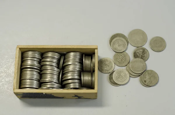 Closeup View Wooden Box Old Coins — Stock Photo, Image
