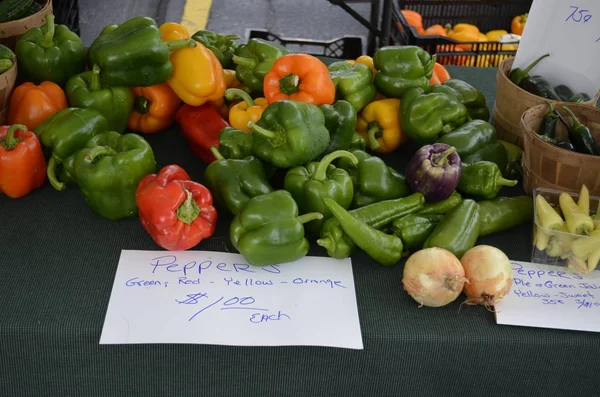 Odrůdy Paprik Vystaveny Prodeji Trhu — Stock fotografie