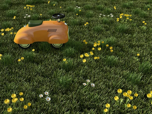Samochodzik na trawniku. renderowania 3D — Zdjęcie stockowe