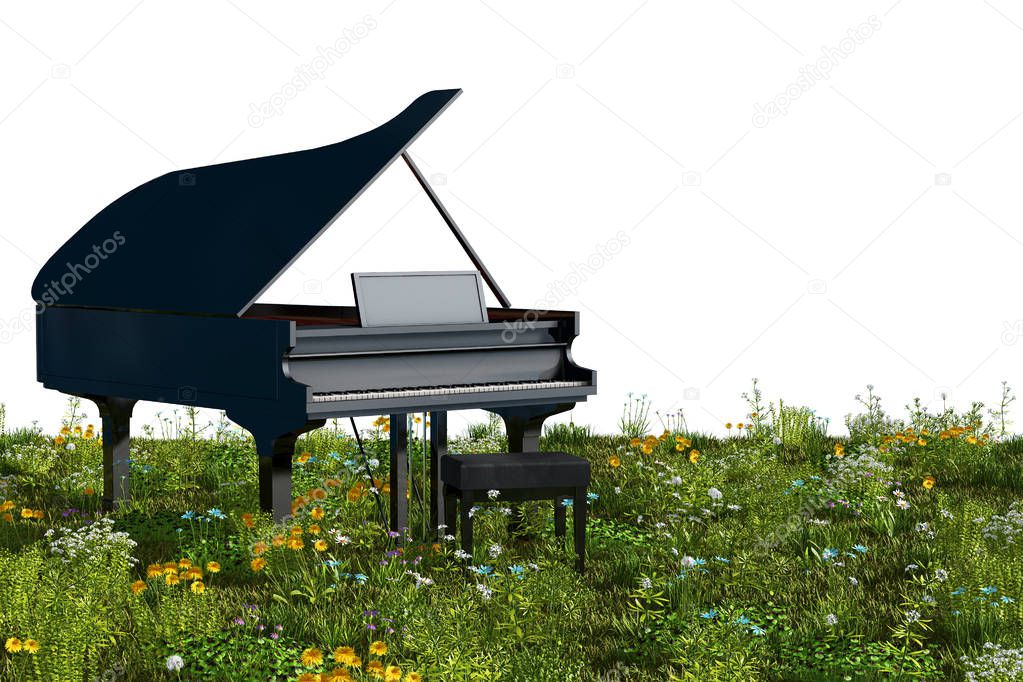 Piano in the garden. 3d rendering