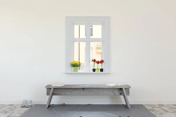 Een Kamer Met Een Huis Voor Het Raam Scandinavische Stijl Stockafbeelding