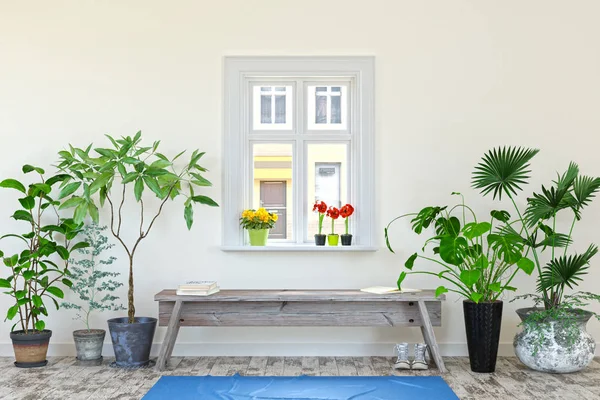 Sebuah Ruangan Dengan Rumah Luar Jendela Rendering Ilustrasi Gaya Skandinavia — Stok Foto