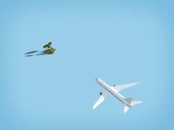 Go to the private island by plane. 3D illustration.