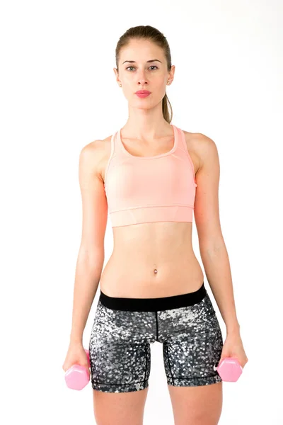 흰색 바탕에 운동 하는 아령과 건강 한 백인 여자. 피트 니스 체육관 개념 — 스톡 사진