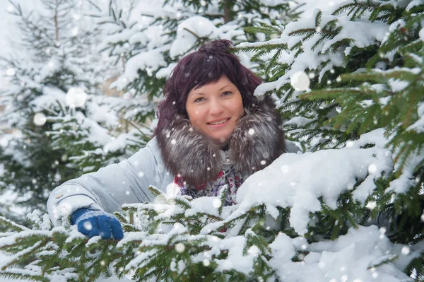 女人在冬天树 免版税图库图片