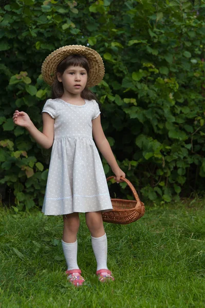 Girl with a basket in the summer — Stock Photo, Image