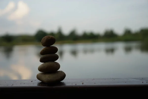 Pyramid Stones Meditation Lake Sunset — 스톡 사진