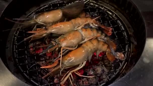 Full HD Time-lapse : Grill shrimps barbecue on hot coal in the restaurant — Stock Video