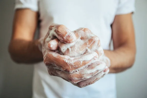 Laver Les Mains Avec Savon Hygiène Concept Détail Des Mains — Photo