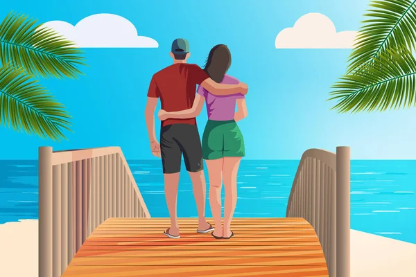 Jeune homme et fille au bord de la mer — Image vectorielle