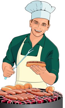 A young chef, a man, is preparing a barbecue from sausages. Vector image isolated on white background. vector A young chef, a man, is preparing a barbecue from sausages. Vector image isolated on white background. vector