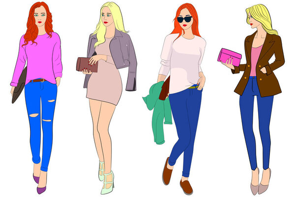Группа молодых женщин в разных костюмах. Векторное изображение на белом фоне
.