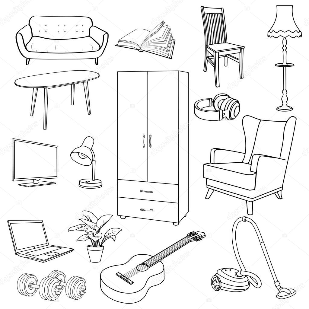 Set of illustrations, home things and furniture, a sofa, a wardrobe, headphones and so on. Vector image, black outlines isolated on white background.