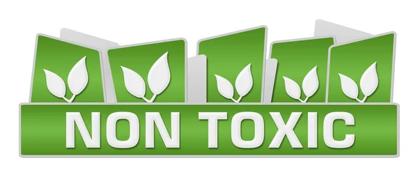 Non toxic concept image with text and leaves on green background.