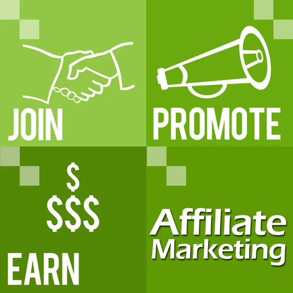 Affiliate Marketing Image Mit Vier Grünen Blöcken Und Verwandten Symbolen — Stockfoto