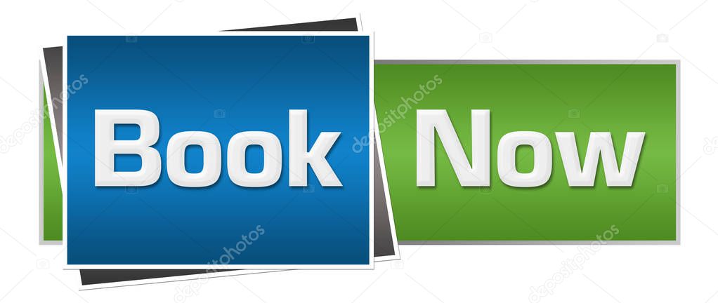 Book now text written over green blue background.