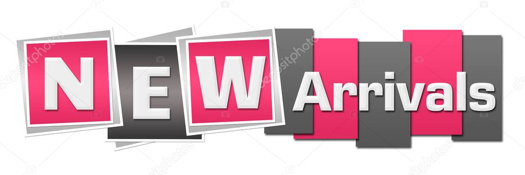 New arrivals text written over pink grey background.
