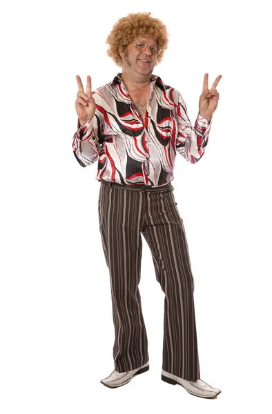 A cool seventies dude giving a peace sign on white background.