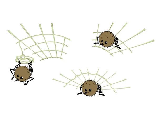 Zestaw Trzech Pająki Stylu Cartoon Polowania Osłony Ich Spiderweb Straszny — Wektor stockowy