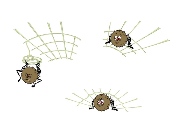 Avcılık ve farklı duygular ile kendi spiderweb koruyan üç çizgi film tarzı ürkütücü örümcek karakter kümesi