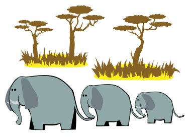 Üç komik karikatür tarzı fil seti.