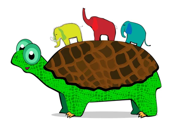 Tres Elefantes Una Tortuga Grande Divertido Estilo Dibujos Animados Antiguo — Vector de stock