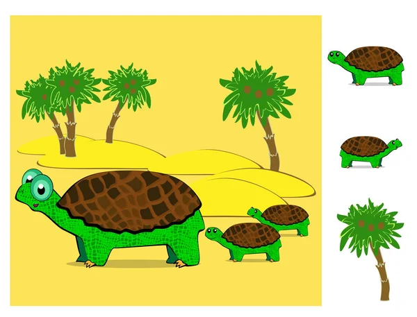 Bir dizi komik karikatür tarzı kaplumbağa ailesi ve çöl manzarası.