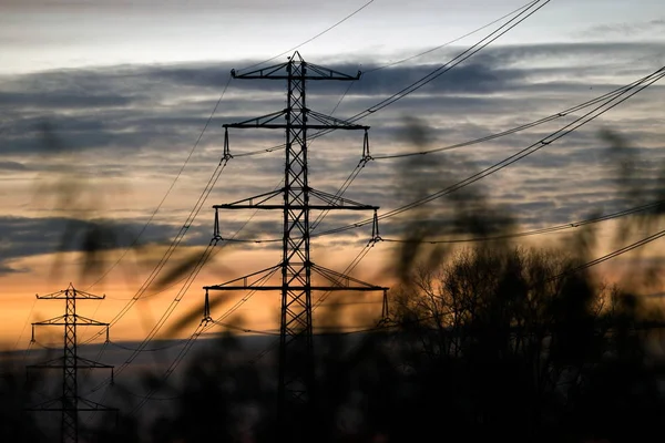 Hoogeveen Niederlande November 2019 Hochspannungskabel Bei Sonnenuntergang Die Niederlande — Stockfoto