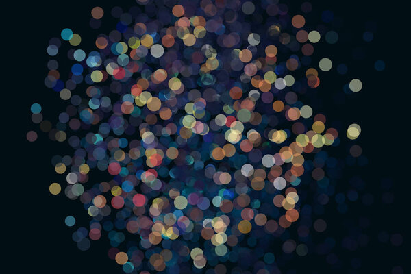 Lots of colorful bokeh on a dark background. Fireworks is not in focus. Christmas garland. Abstract vector illustration.