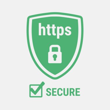 HTTPS Protokolü. İnternetteki güvenli ve güvenli web siteleri. Site için SSL sertifikası. Avantaj TLS 'de. Yeşil kalkanda kapalı asma kilit. Material Design ikonu. Vektör illüstrasyonu.