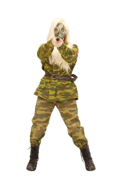 Girl in a military uniform, a gas mask and a blonde wig.. Image isolated on white background. — Stock Photo, Image