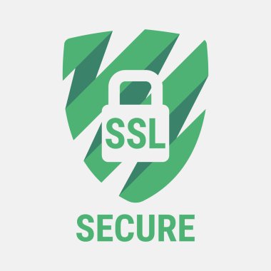 Küresel Ssl güvenlik simgesi. Güvenli ve güvenli Web sitelerine internette. Sitenin SSL sertifikasını. Avantaj Tls. kapalı asma kilit üzerinde yeşil bir kalkan. Malzeme tasarım simgesi. Vektör çizim.
