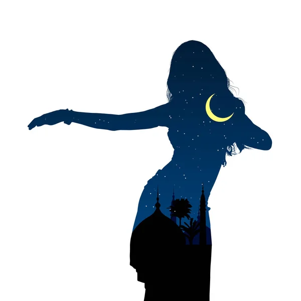 Young girl dancing oriental belly dancing. Silhouette of girl dancing Arabic dance. Night landscape. Vector illustration — Stock Vector