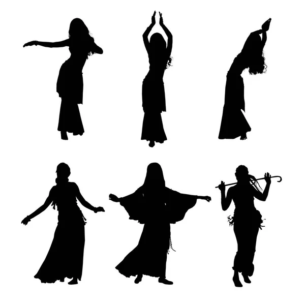 Jeune fille dansant danse du ventre. Silhouette de fille dansant la danse arabe. Ensemble de silhouettes. Illustration vectorielle — Image vectorielle