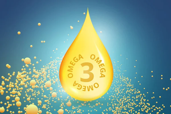 Omega 3 altın damla. Sağlık için doğal balık yağı ve cildi korumak. Vektör çizim — Stok Vektör