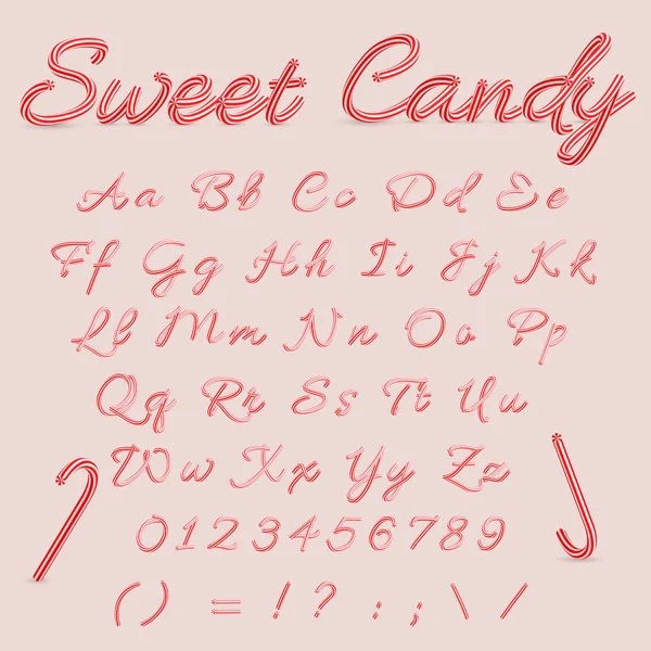 Słodkie cukierki. Candy Cane alfabetu. Boże Narodzenie paski, litery alfabetu. Ręcznie napisane alfabetu od A do Z wektorowej — Wektor stockowy
