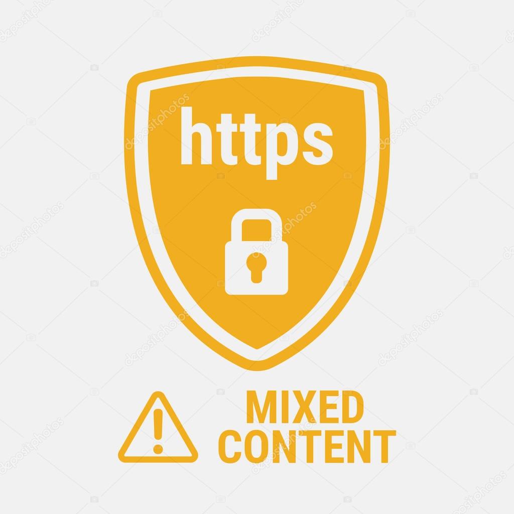 HTTPS Protocol. Safe and Secure Web sites on the Internet. SSL certificate for the site. Advantage TLS. Closed padlock on a yellow shield. Material Design icon. Vector illustration.