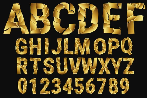 Golden broken letters. The alphabet of gold pieces. Decorative alphabet. A-Z, 0-9. Vector illustration — Stock Vector