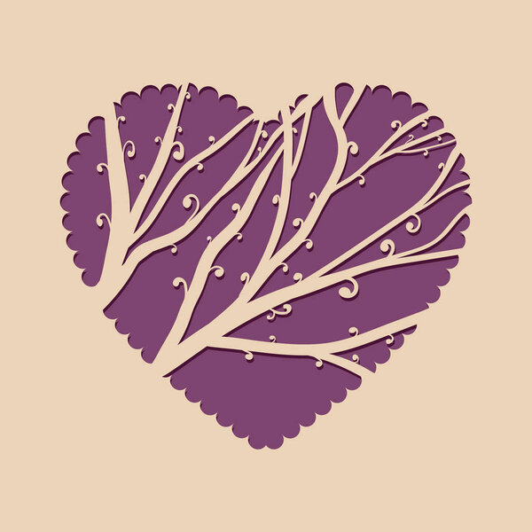 Greeting card with heart and a beautiful tree. Template invitation for laser cutting. Greeting card for cutting plotter.