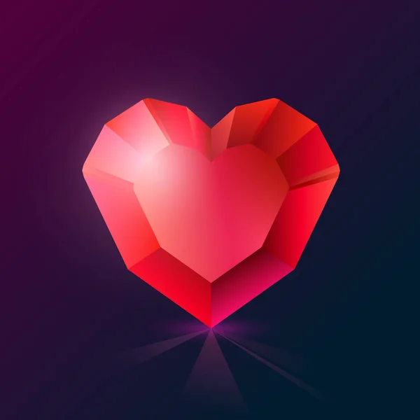 Brillante cuore rosso cristallo su uno sfondo scuro. Illustrazione vettoriale — Vettoriale Stock