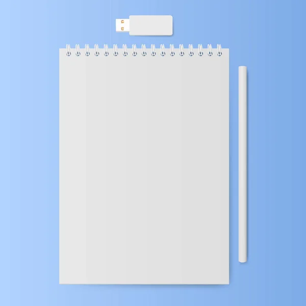 Cuaderno con lápiz y memoria USB. Bloc de notas con hojas blancas en blanco. Ilustración vectorial . — Archivo Imágenes Vectoriales