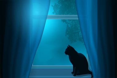 Silhouette of a cat sitting on a windowsill under the light of the moon in a window. clipart