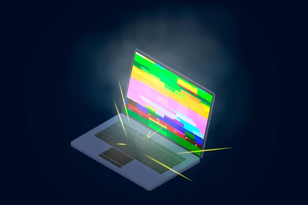 En trasig laptop med glitch på skärmen. För design servicecenter reparation och service elektronik. Vektorillustration. — Stock vektor
