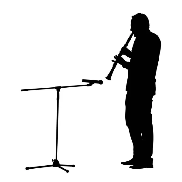 La silueta de un hombre jugando en Oboe. Micrófono en el rack. Ilustración vectorial . — Archivo Imágenes Vectoriales