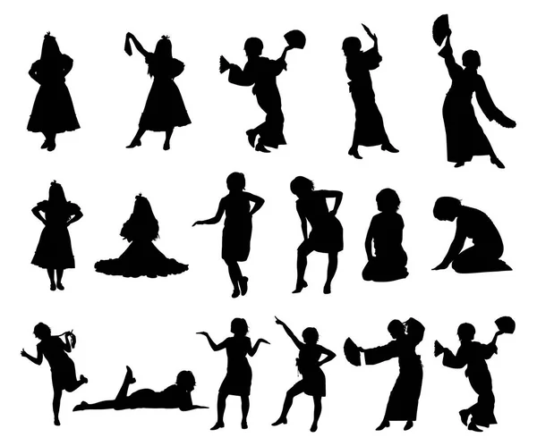 Silhouettes of girls in dresses, with a scarf and with a fan. Dancing, sitting, standing girls. Vector illustration. — Stock Vector